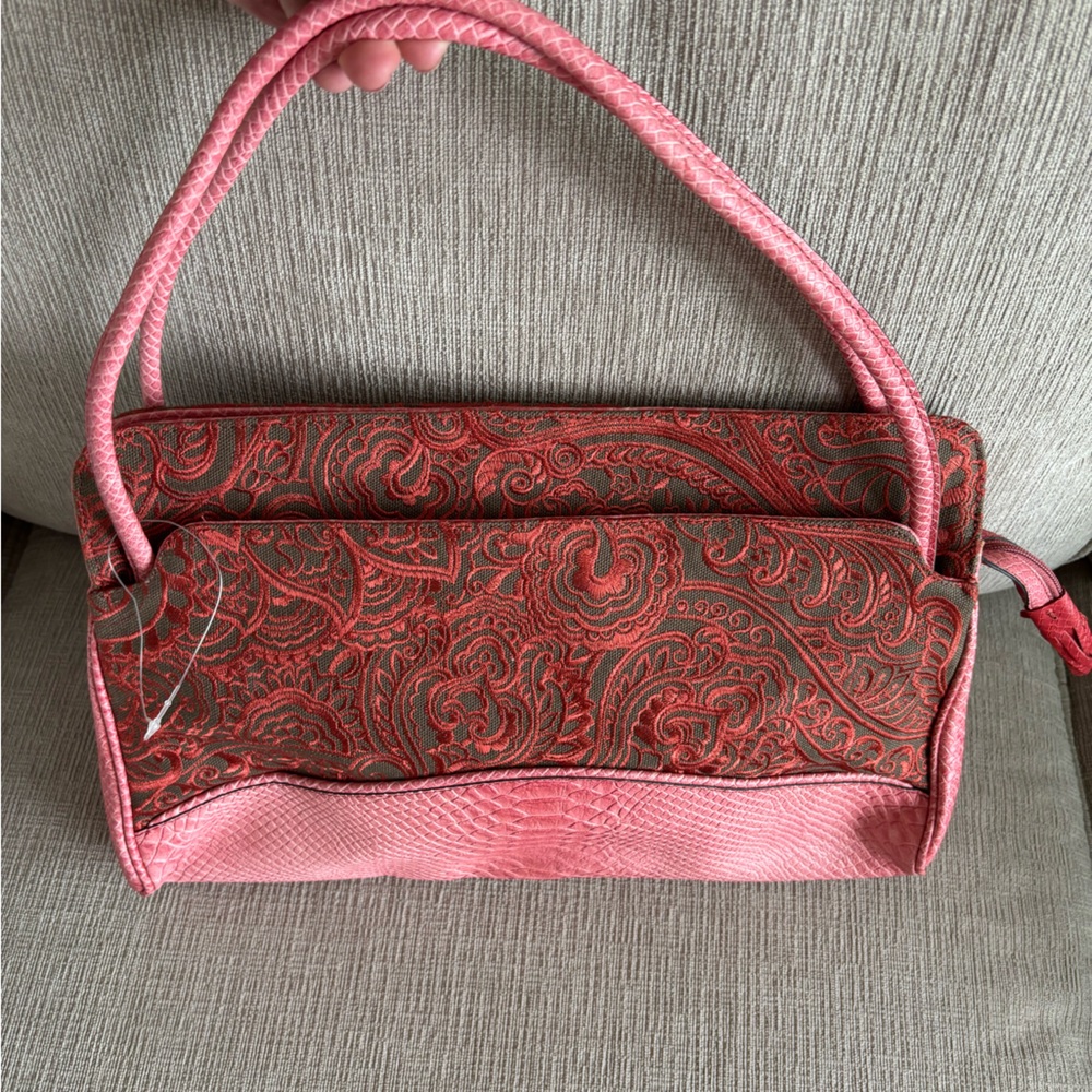 HYPE Pink leather and pink and Brown Paisley tapestry shoulder bag